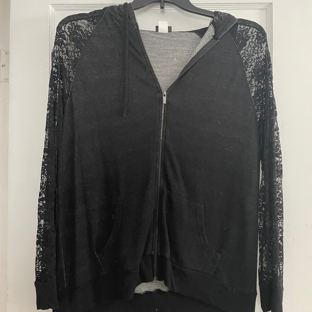 Long sleeve zip-up hoodie with lace sleeves